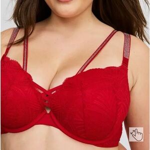 XO Plunge Push Up Diamante Straight Back Bra Torrid Size 40 DD Valentine Red